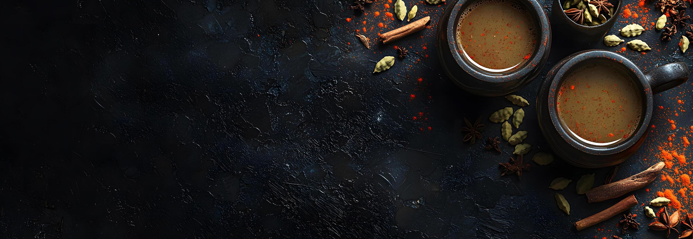 Two rustic cups of chai masala tea grace a textured dark background with spices photo