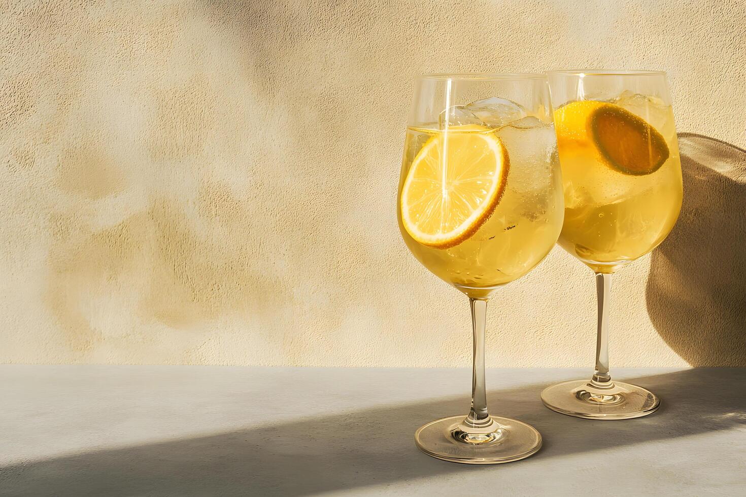 Two tall sparkling drinks with ice and lemon slices stand beautifully beside textured wall photo