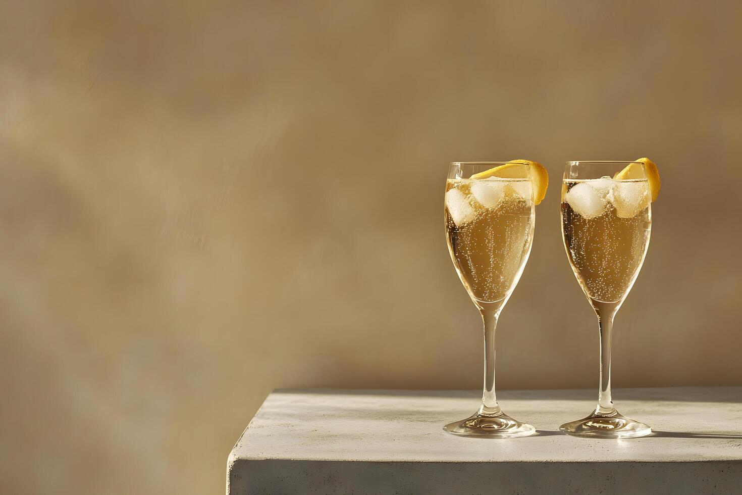 Two wine glasses hold sparkling champagne with ice and lemon on beige surface photo