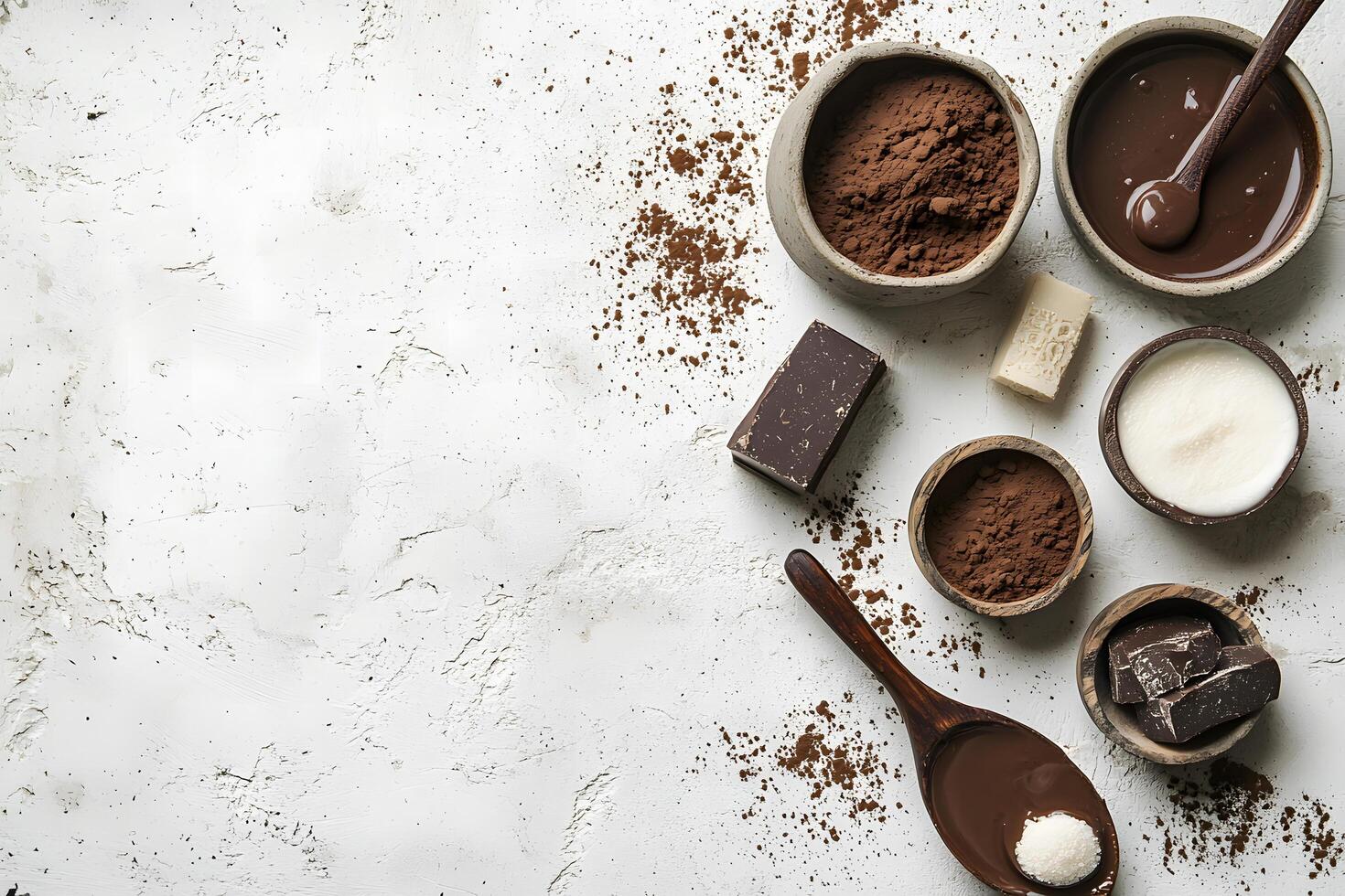 Various chocolate ingredients with cocoa powder, liquid chocolate, and bar pieces are arranged creatively on white textured background photo