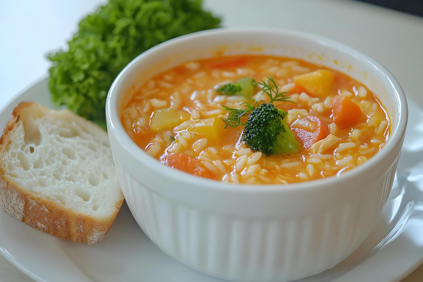 Vegetable rice soup alongside fresh bread and vibrant lettuce presents a wholesome meal photo