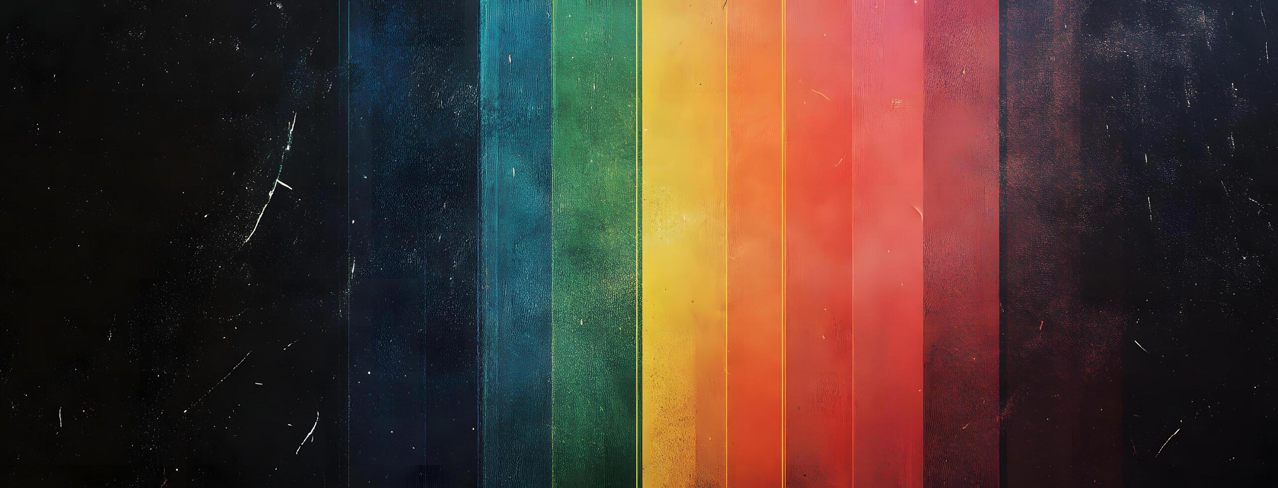 Vertical stripes of vibrant rainbow colors contrast with distressed, grainy, black background creating interest photo