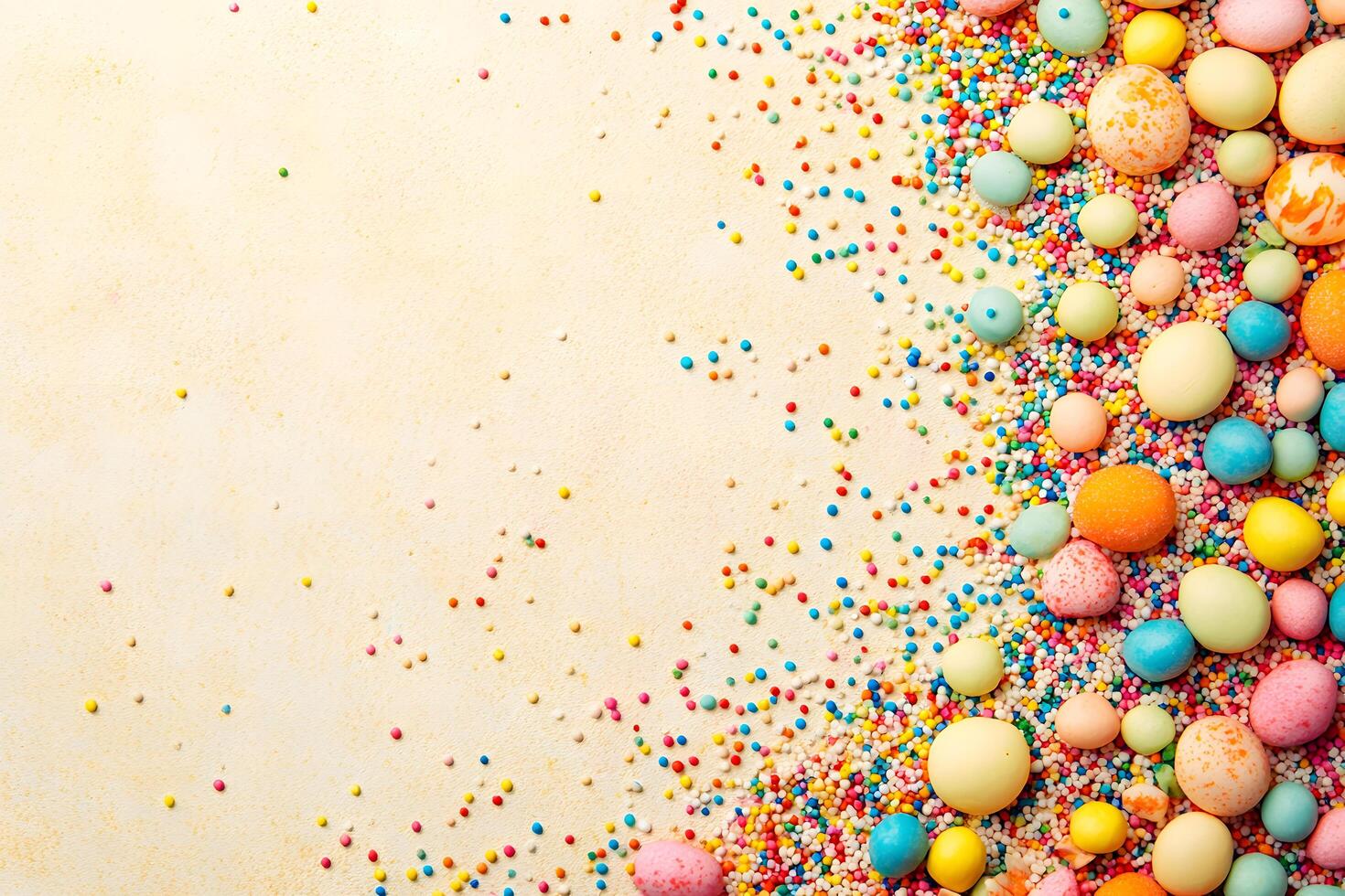 Vibrant candy sprinkles and pastel coated Easter eggs are scattered on a textured surface photo