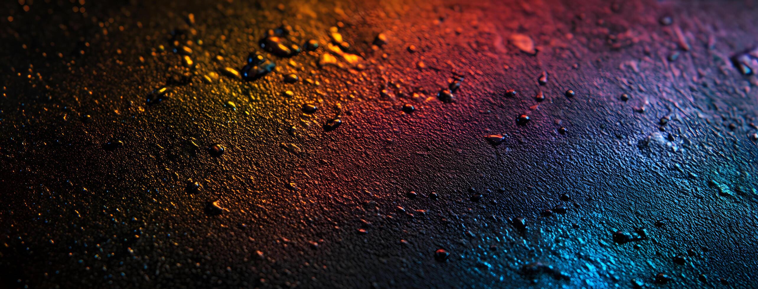 Vivid and intense light reflects on water droplets sitting atop a dark, textured surface photo