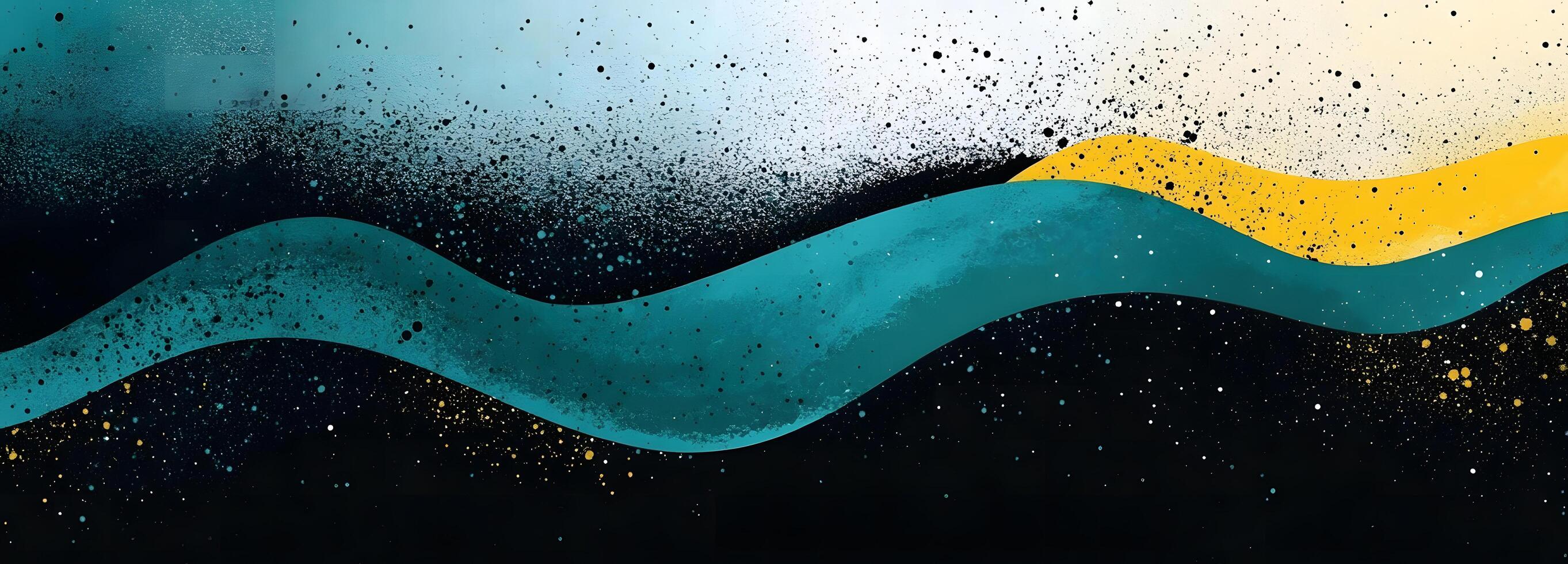 Wavy yellow and teal ribbons overlay a celestial black and white speckled cosmic background photo