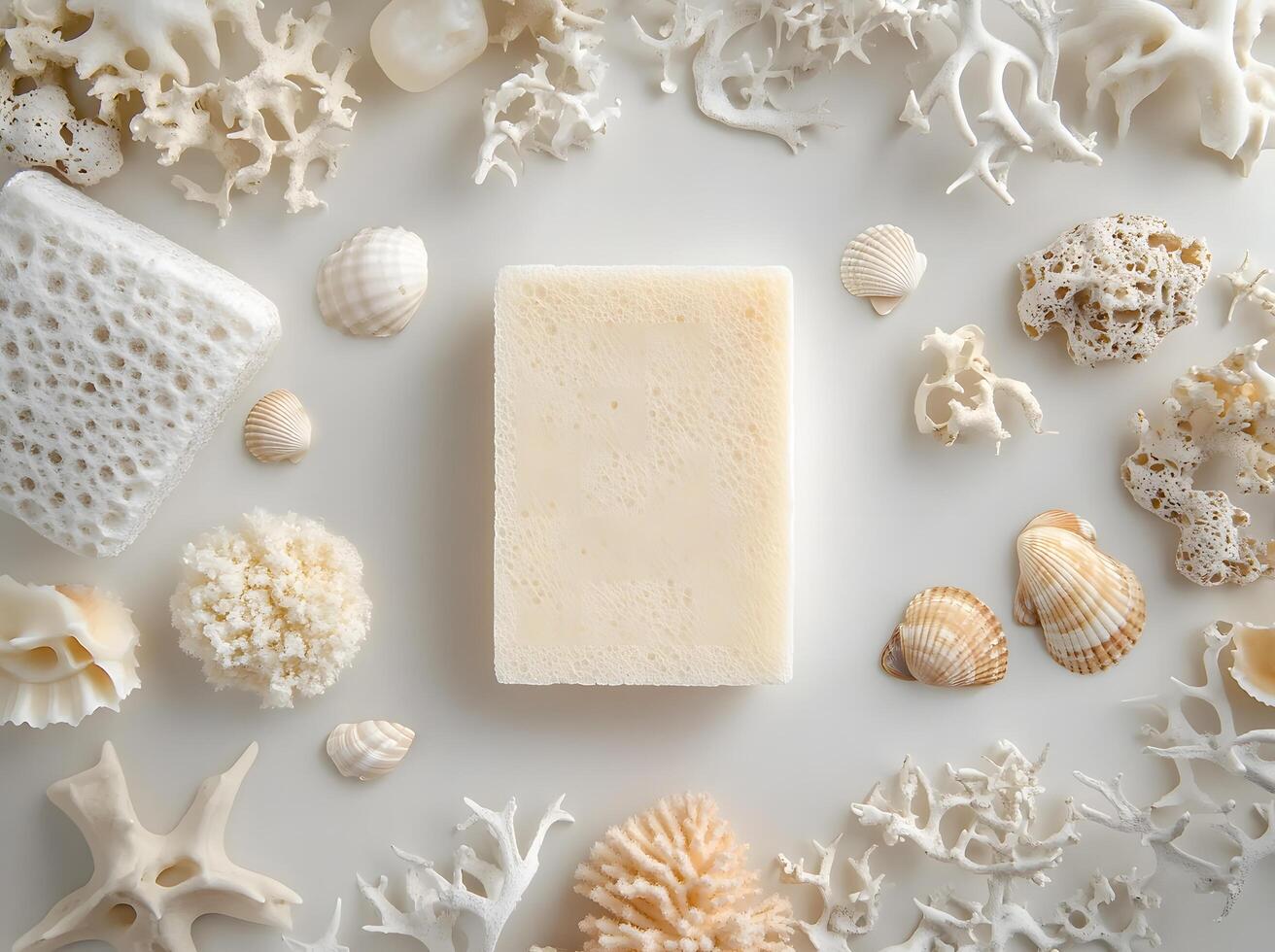 White soap bar is placed amidst shells and coral for serene, spalike feel photo