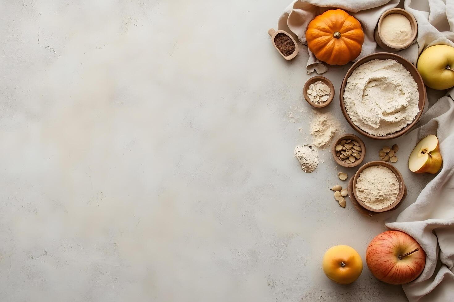 Wooden bowls showcase flour, pumpkin seeds, pumpkin, and apples arranged on a bright table photo