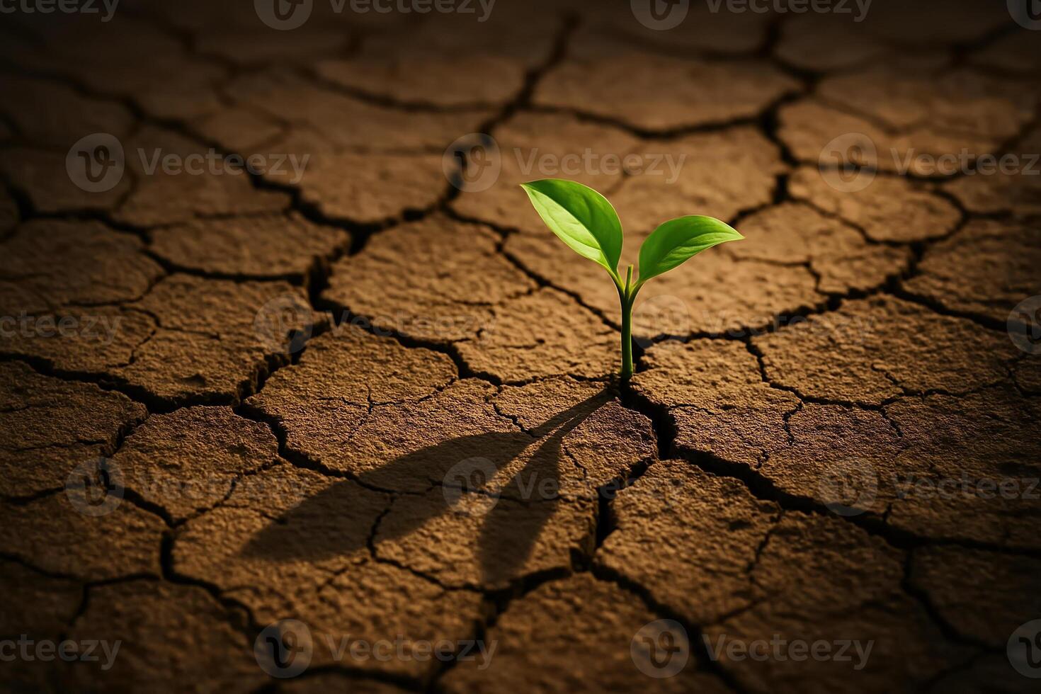 Hopeful Seedling Growing in Cracked Earth with Dramatic Shadows Highlighting Resilience and Survival in Arid Lands photo