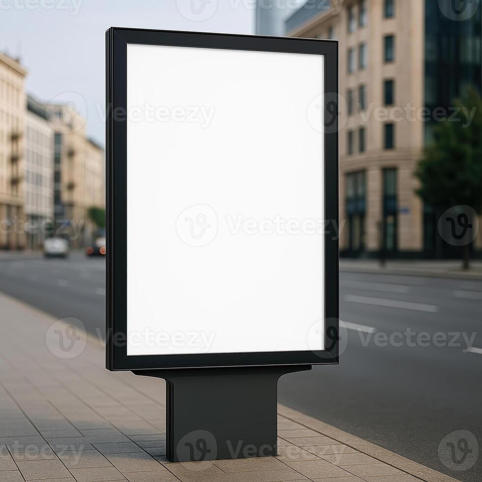 Blank Vertical Billboard on Urban Street for Advertisement Display in Cityscape Setting Featuring Empty Ad Space photo