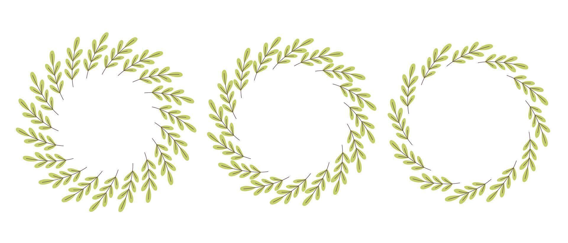 Gently simple flower circle frames. Hand drawn botanical round border, green branches wreath, laurel. Design for invitation, card, banner, logo vector