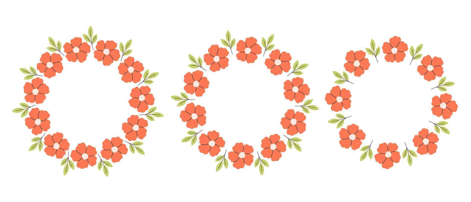 Simple circle frame with red flowers. Hand drawn botanical round border, floral wreath, laurel. Design for invitation, card, banner, logo vector
