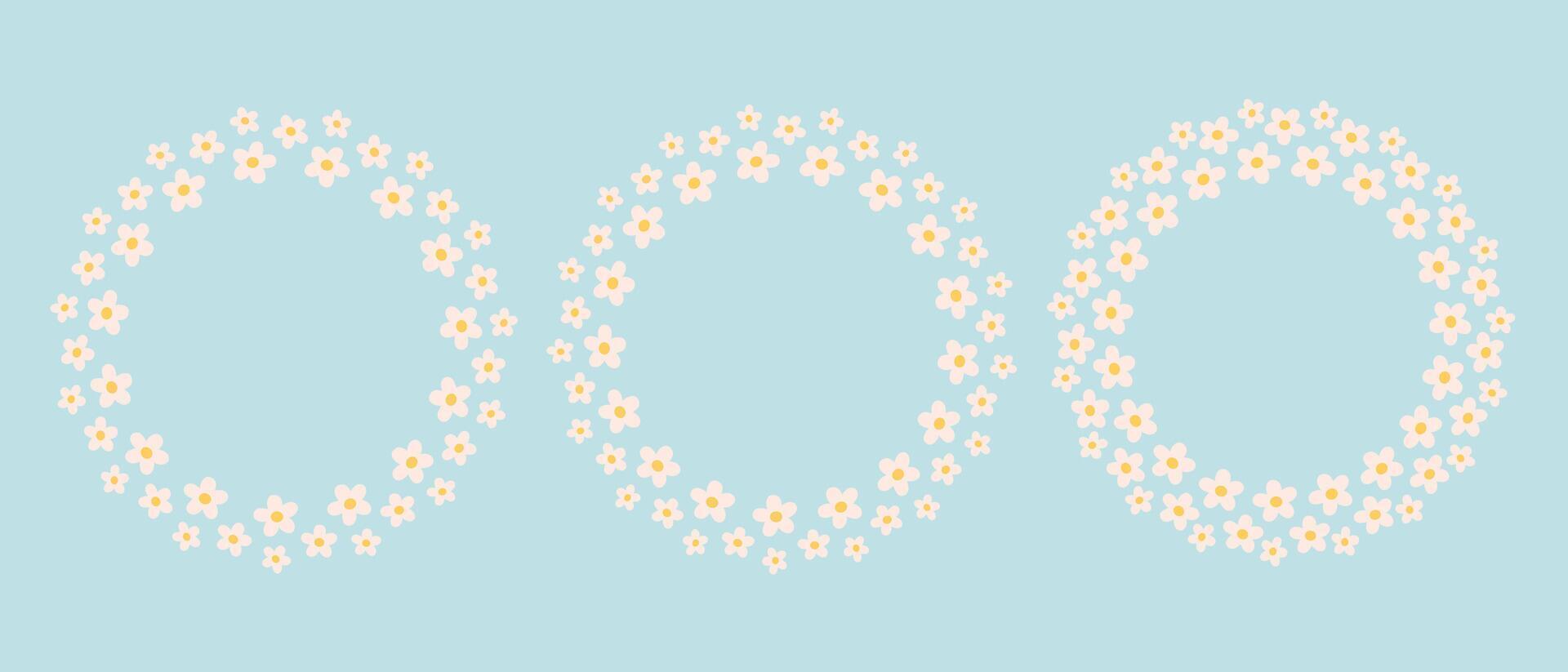 Daisy floral simple circle frame. Hand drawn botanical round border, floral wreath, laurel. Design for invitation, card, banner, logo. vector