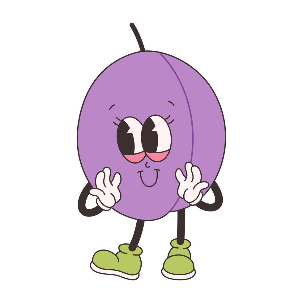 Cute groovy plum. Trendy funky retro cartoon fruit character. Groovy summer collection vector