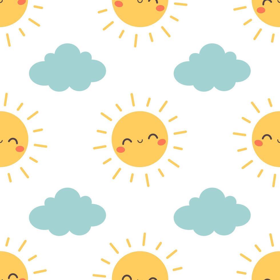 Cute seamless pattern with cloud and sun characters. Printing on textiles, wallpaper, wrapping paper. vector