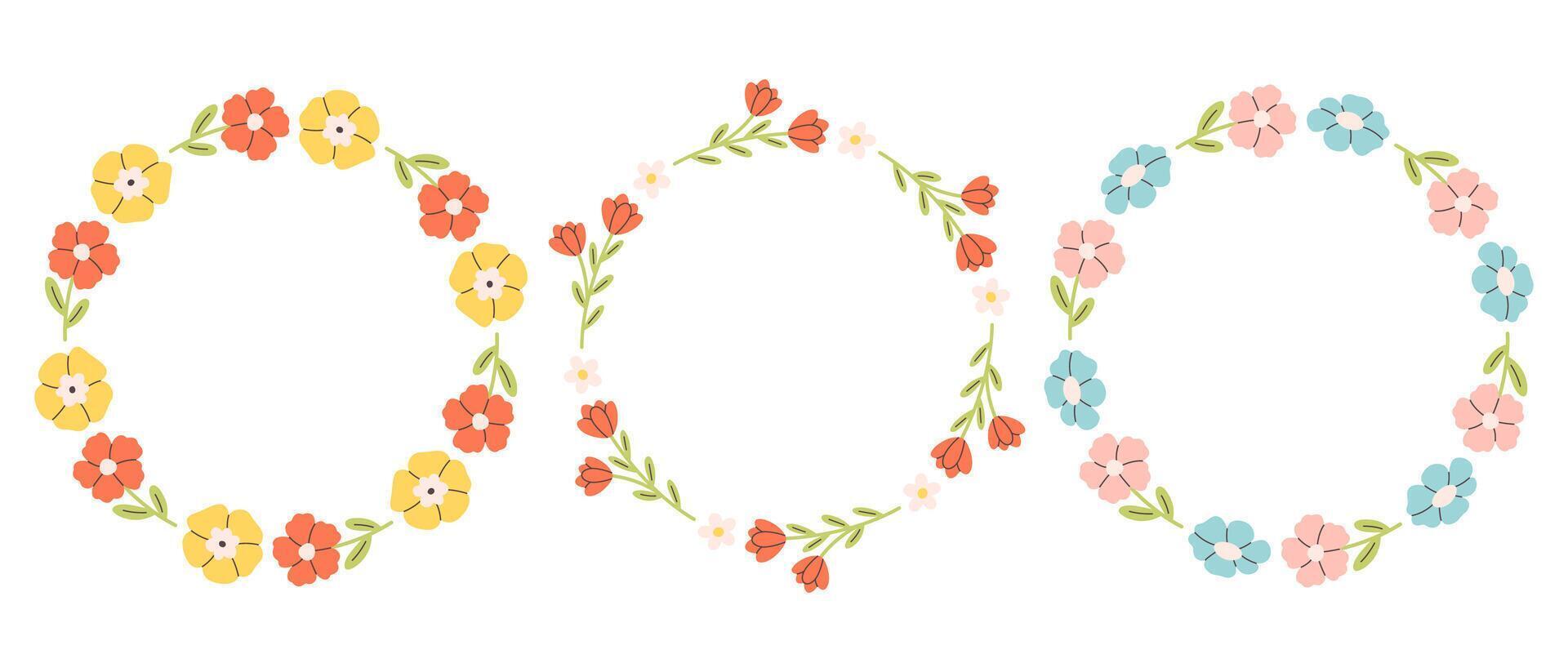 Floral simple circle frame. Hand drawn botanical round border, floral wreath, laurel. Design print for invitation, card, logo vector