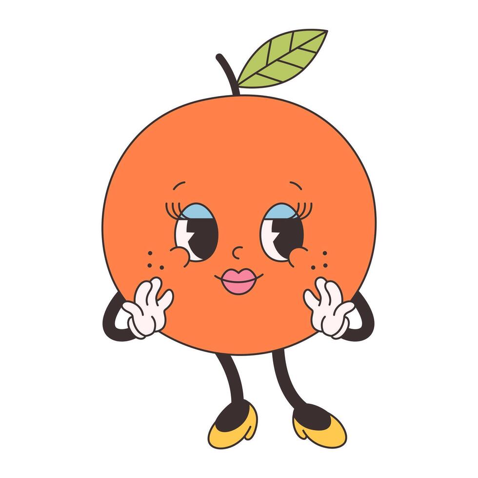 Cute groovy orange fruit. Trendy funky retro cartoon fruit character. Groovy summer collection vector
