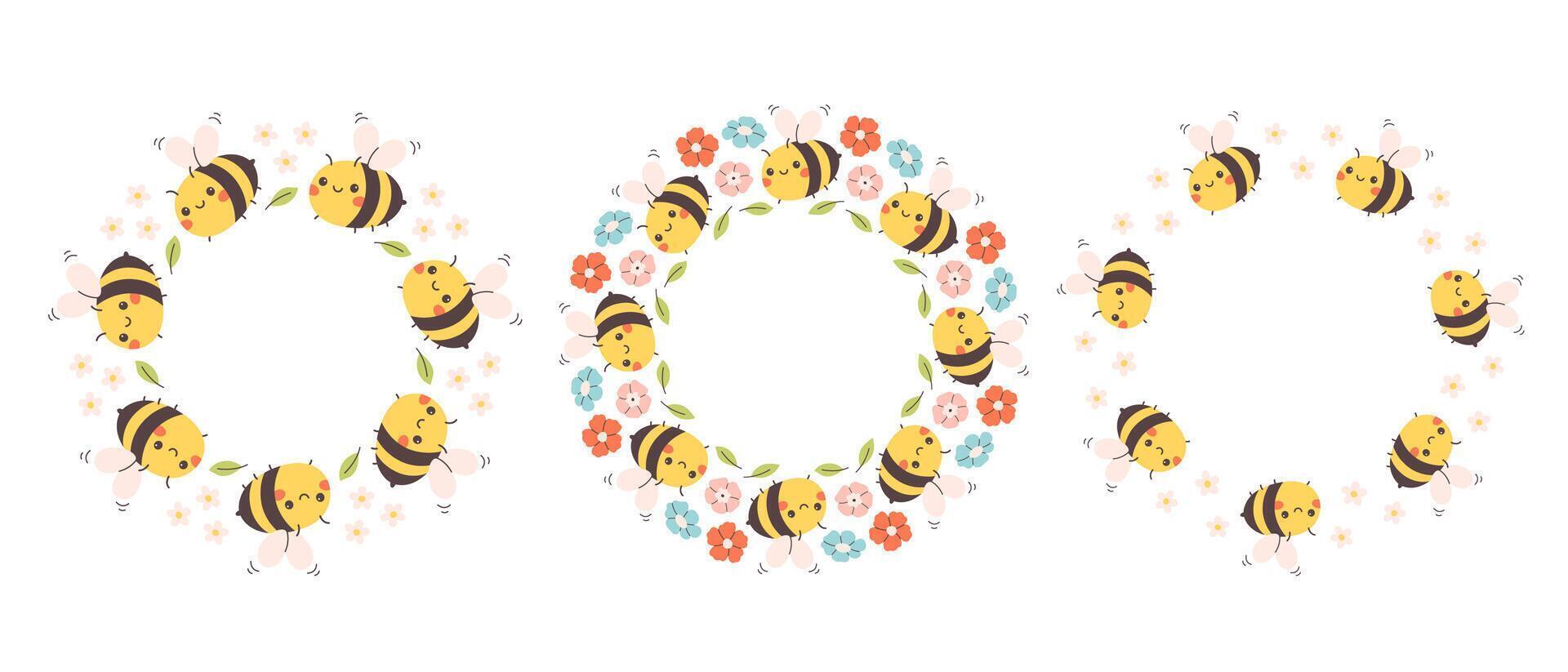 Cute bee characters with flowers circle frame. Cute hand drawn round frame in doodle style. Circular template. vector
