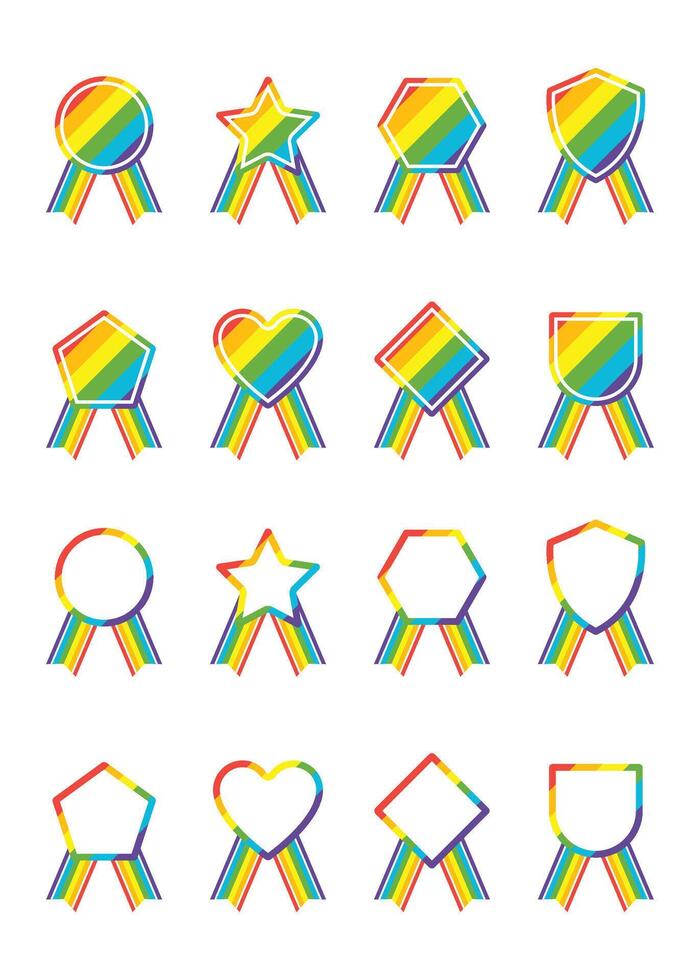 Rainbow Ribbon Award Medals, Pride Celebration Icon Set, Recognition Badges and Colorful Label Designs vector