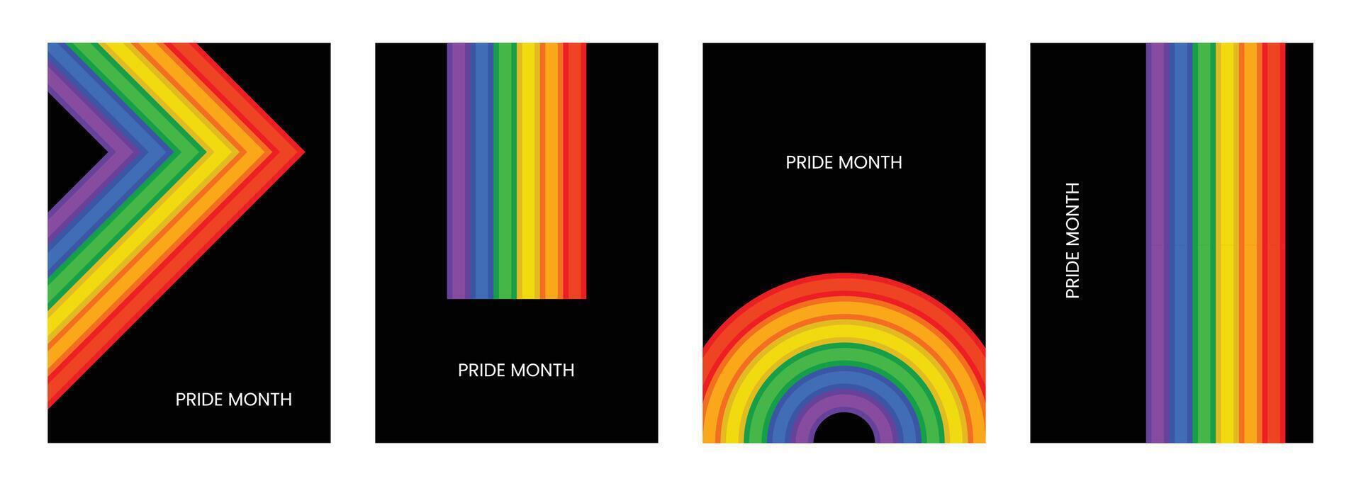 Colorful Pride Month Abstract Poster Set, Rainbow Lines Modern Geometric Art Design, Vibrant Minimal, Backgrounds with Dark Gradient vector