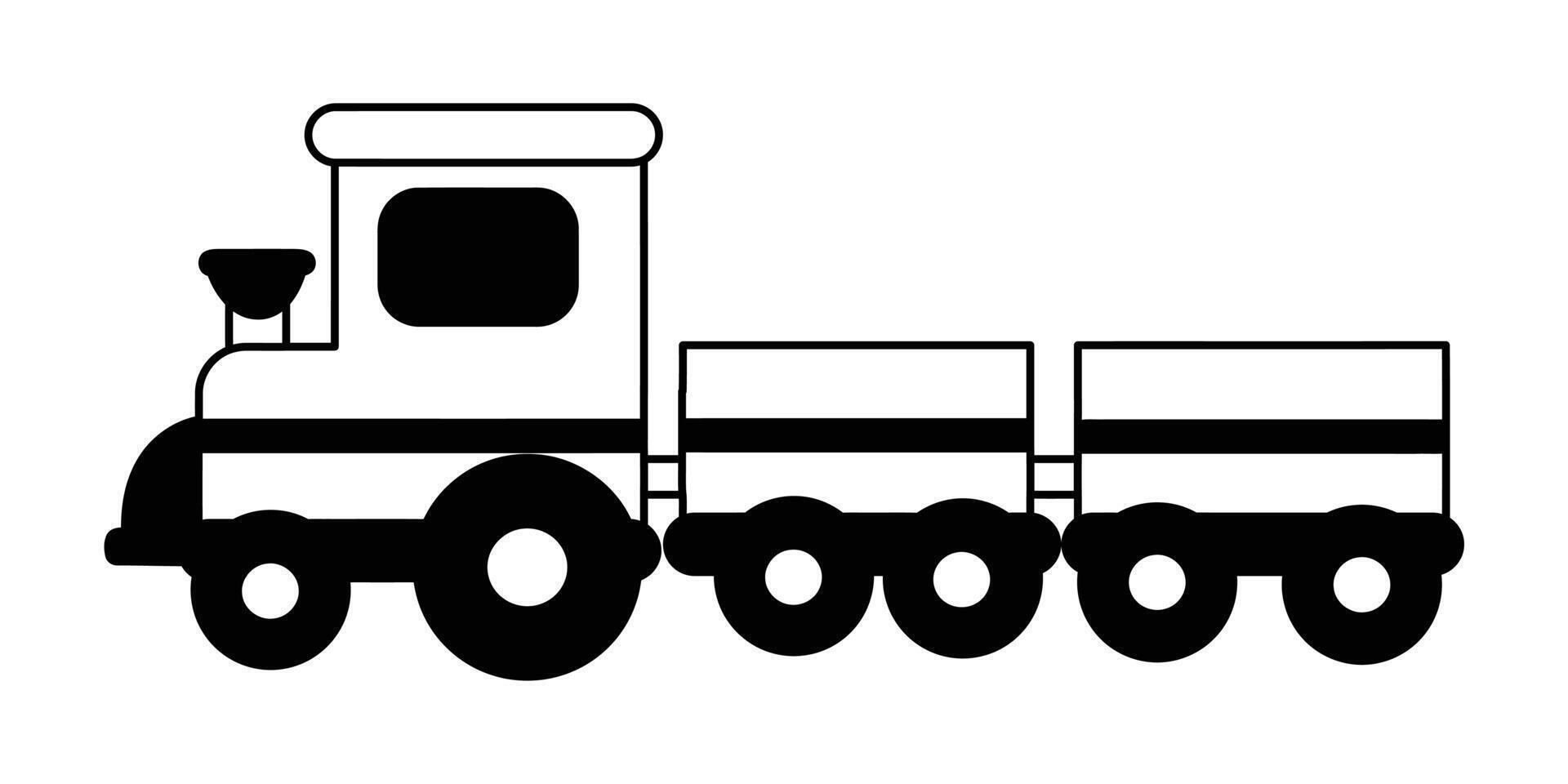 Black and white cartoon train with two carriages isolated on a white background vector