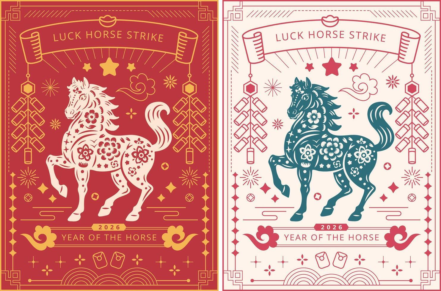 2026 Chinese New Year poster, Year of the Horse with Floral Paper Cut Horses and Festive Symbols, card or banner Template vector