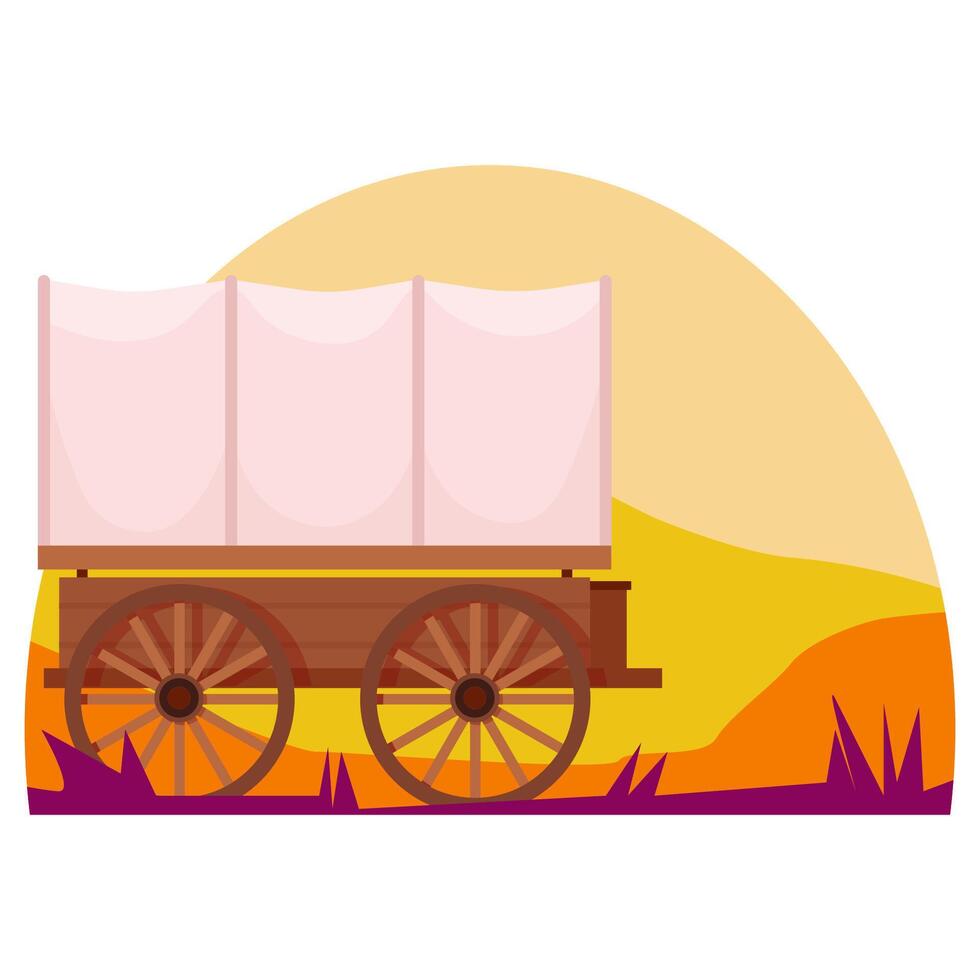 A covered wagon of pioneers against the backdrop of mountains and sand vector