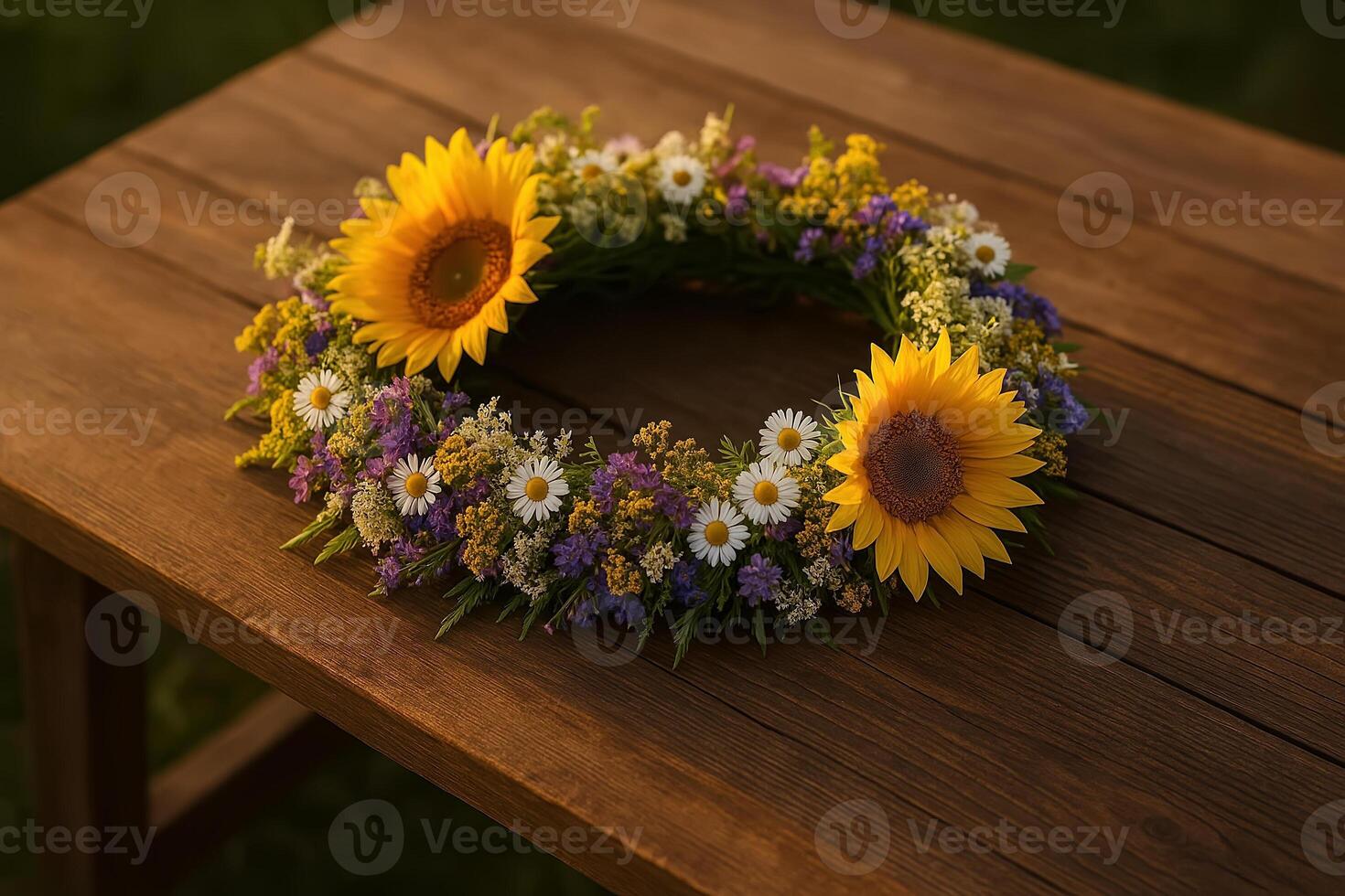 Sunflower and Wildflower Wreath on Wooden Table for Summer Solstice Celebration and Midsummer Festivals photo