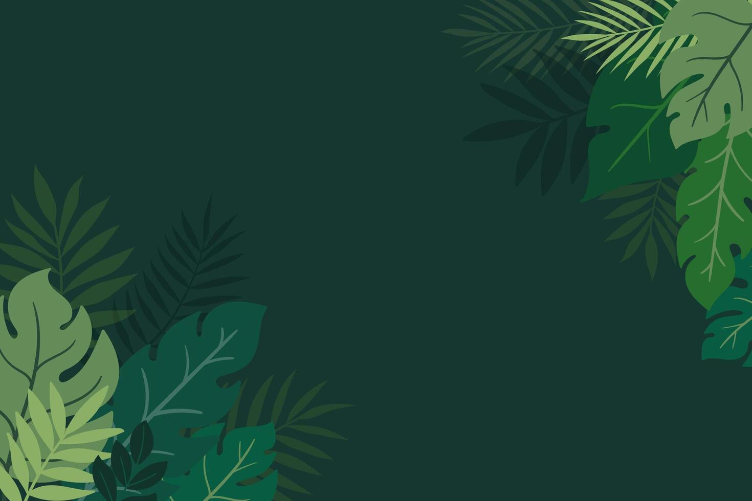 Summer tropical leaves green background with palm leaves, monstera, banana leaf. Tropical corner frame design. Green exotic jungle background for sale banner, ads, postcards, posters vector