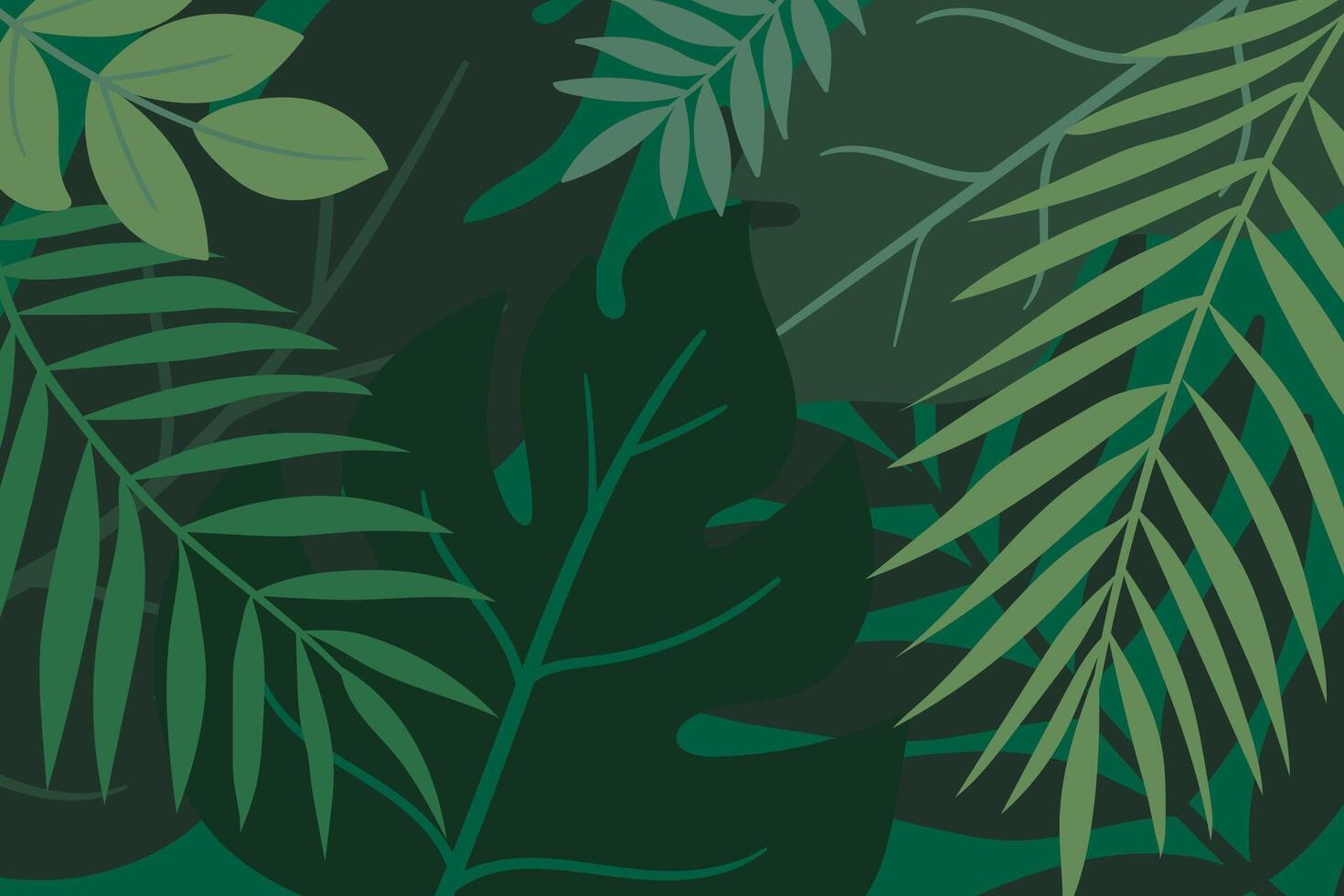 Tropical leaves abstract background with many overlaping leaves, monstera, palm and banana leaves. Tropical Jungle Foliage Background vector