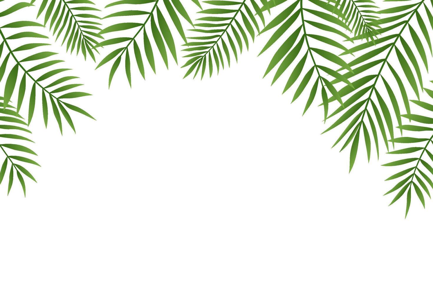 Palm tree branches top border. Gradient green palm trees leaves, tropical frame on white background vector