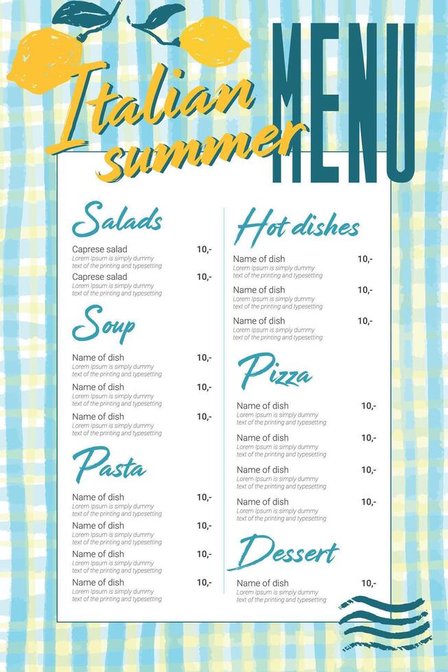 Yellow Blue Gingham Check Hand Drawn Background for italian menu. Template for summer design with lemons and copyspace. Cafe, restaurant. Rough sketch . vector