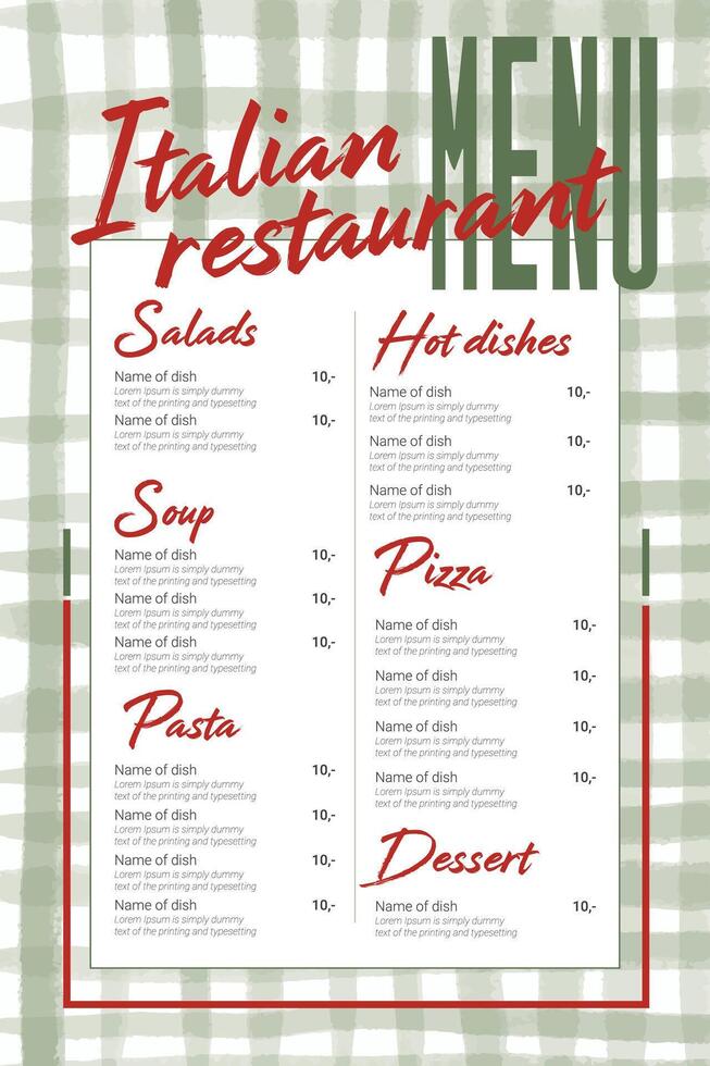 Green plaid menu. Italian wedding and restaurant . Good for banners, greeting and business cards, invitations, flyers, brochure, post in social networks, advertising, events and page cover. vector
