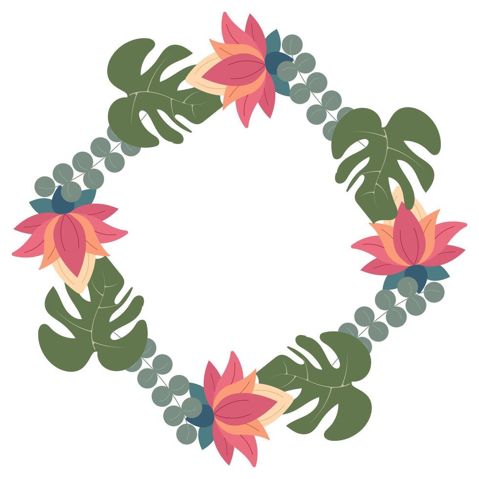 Tropical jungle round border decorated with lush leaves and lotus flowers vector