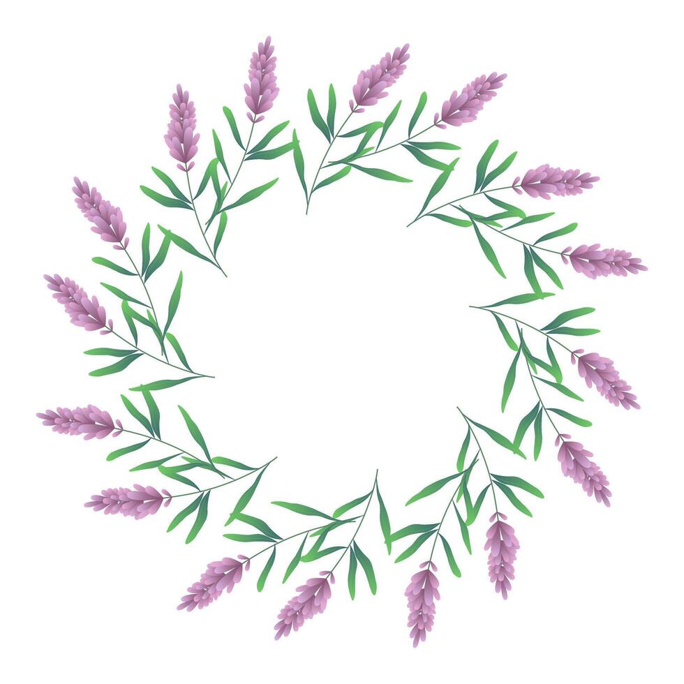 Green round frame with decorative foliage and flowers lavender. Abstract botanical illustration ideal for banners, greeting cards, and invitations. artwork vector