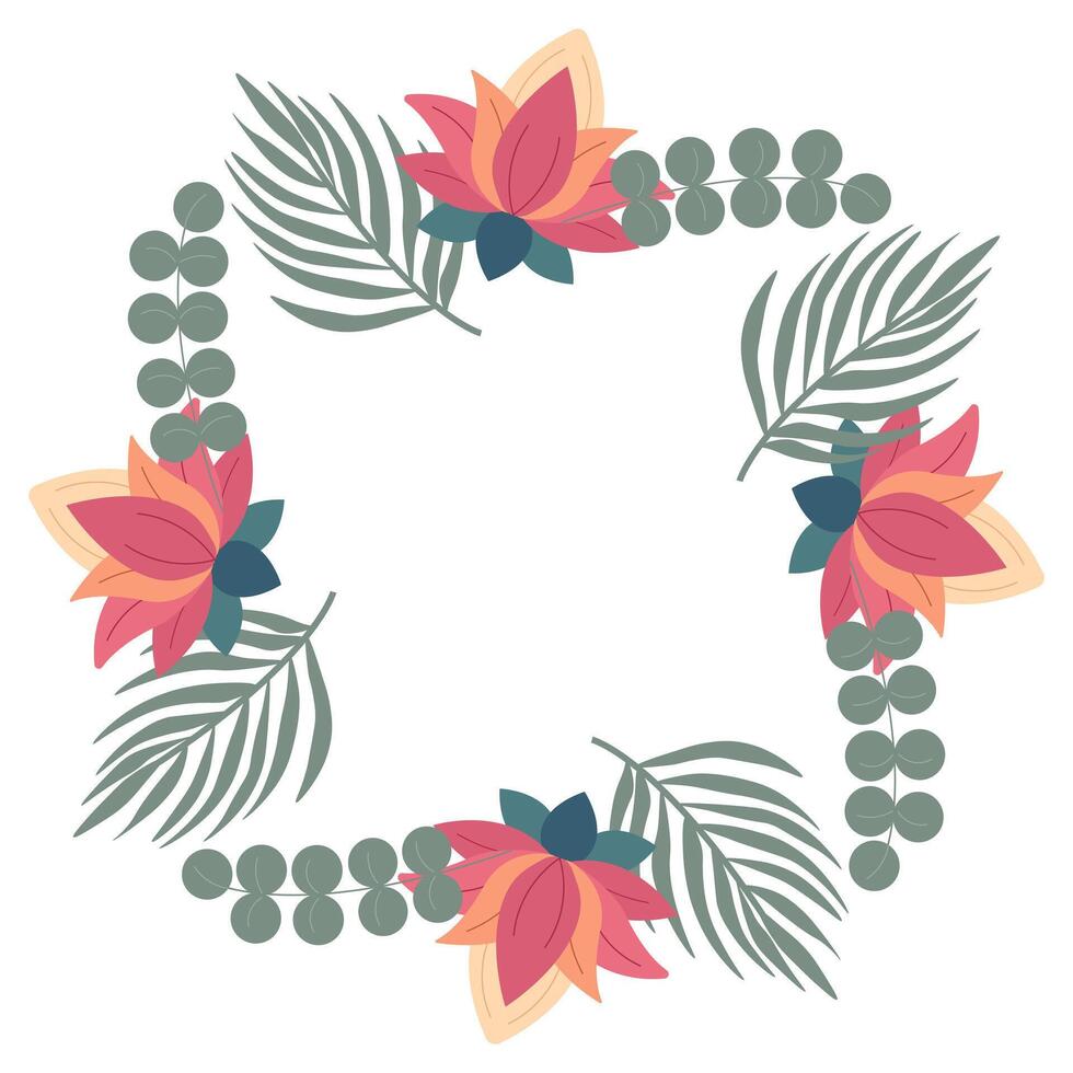 Round jungle-inspired border with tropical leaves, dense foliage, and lotus blossoms vector