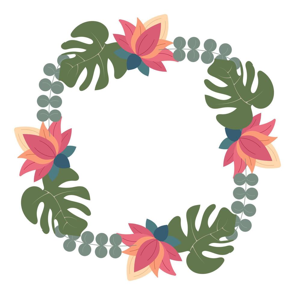 Round border inspired by jungle landscapes with tropical leaves and lush foliage vector
