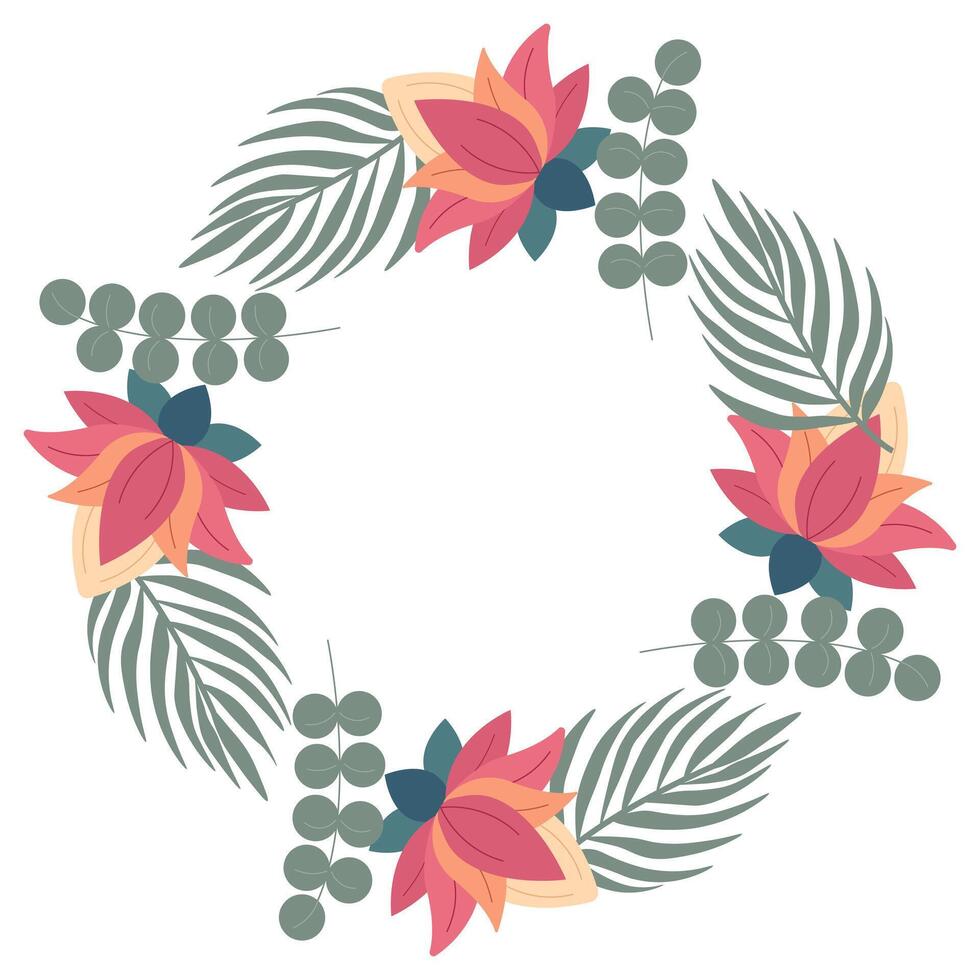 Circular jungle-themed frame featuring tropical leaves, lush foliage, and lotus flowers vector