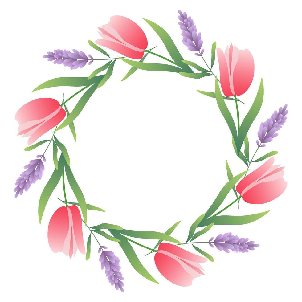 Circular plant-themed frame with vibrant green leaves and flowers tulip and lavender. Abstract botanical design suitable for banners, invitations, and greeting cards. art vector
