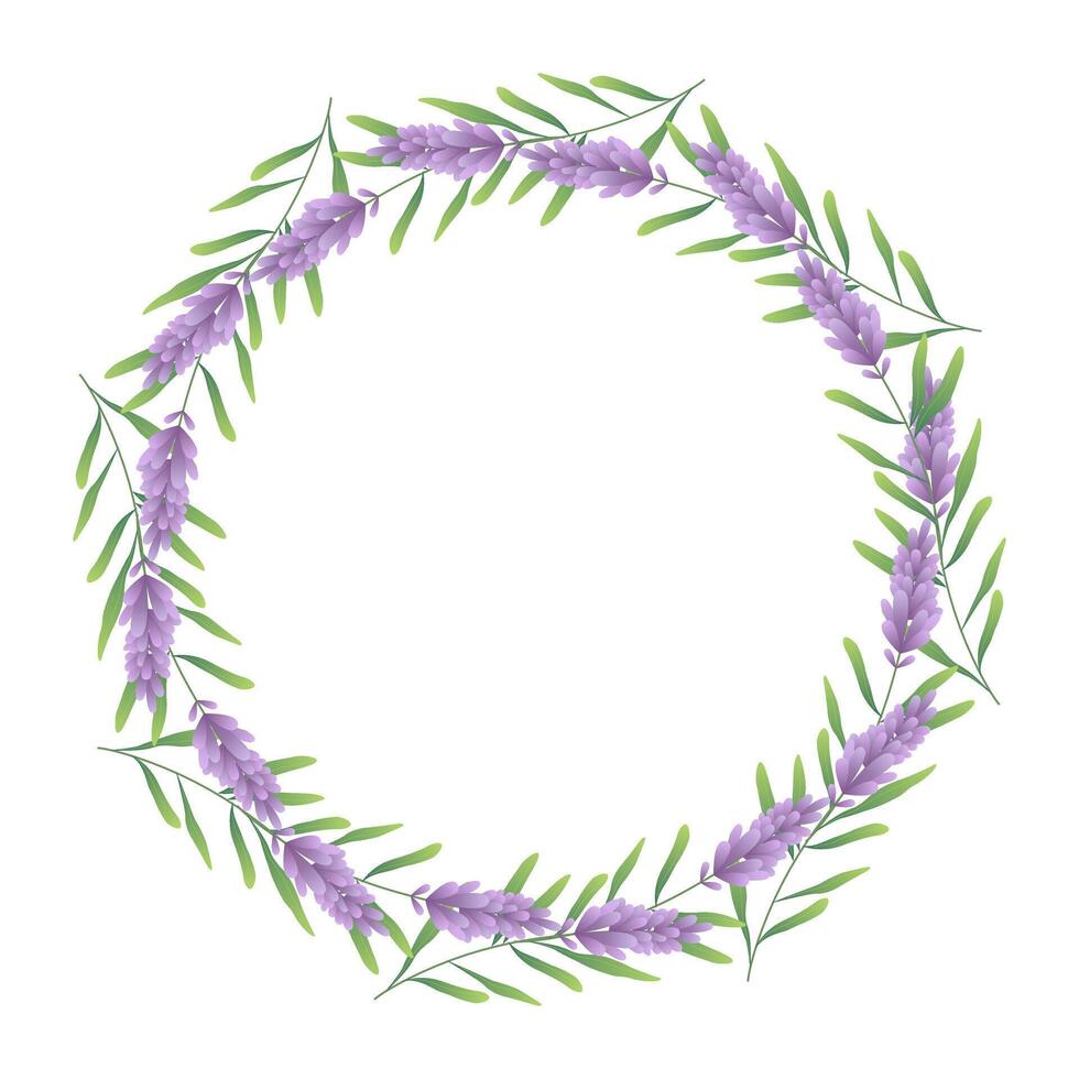 Circular botanical frame featuring lush green leaves and flowers lavender. Abstract plant illustration perfect for banners, cards, and invitations. design vector