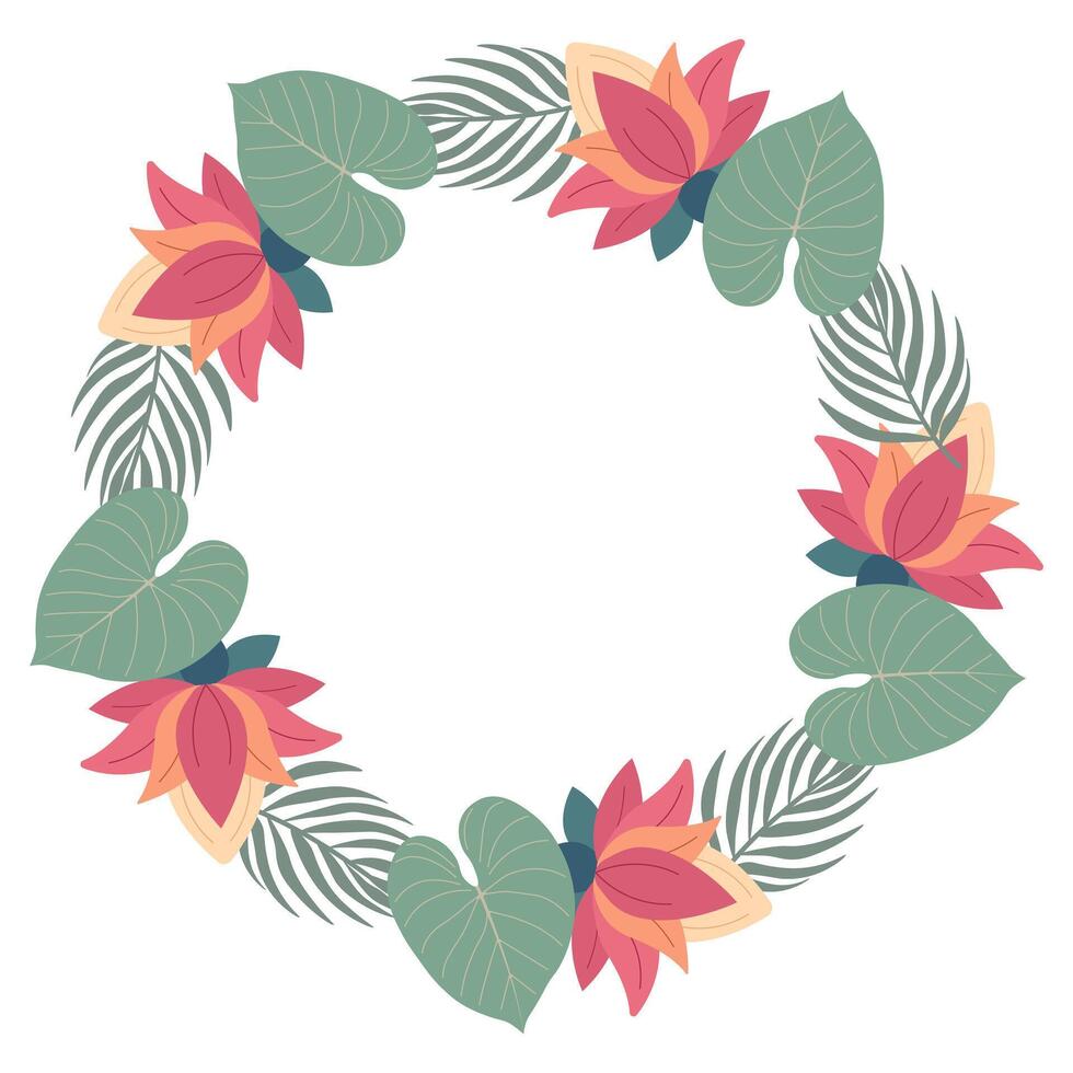 Circular jungle motif featuring tropical leaves, dense foliage, and lotus blossoms vector
