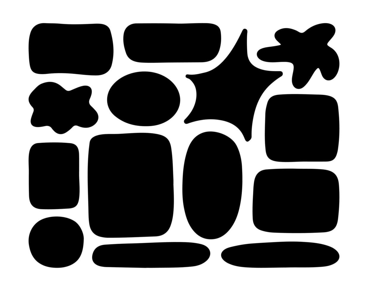 Abstract Hand Drawn Geometric Shapes Collection. Black Modern Design Elements, Includes ovals, rectangles, blobs, stars, and rounded forms. Perfect for contemporary graphic design, branding, web vector