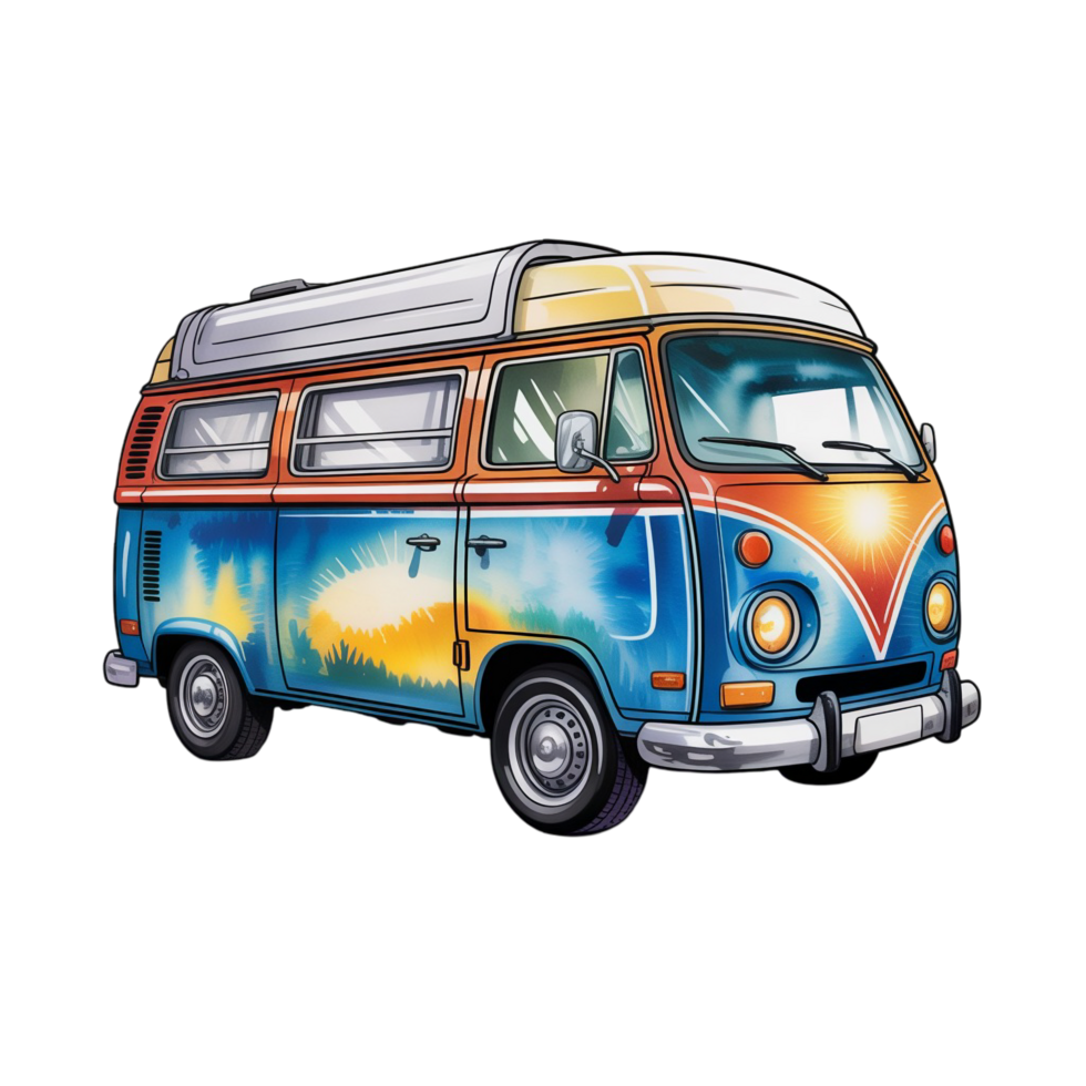 A brightly colored vintage van is adorned with a vibrant design featuring sunburst and sky patterns cutouts png