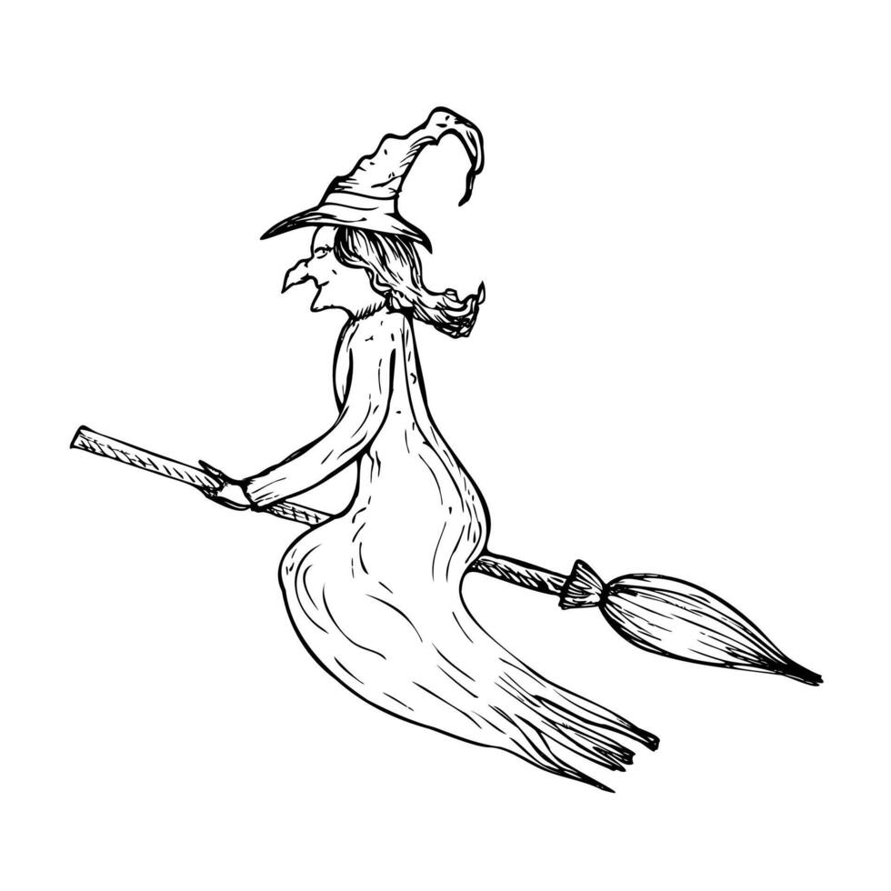 halloween witch flying on a broom witch hat. Hand painted linear wizard cap illustration. Graphic monochrome sketch isolated on background. For designers, prints, logo, icon, menu, postcards vector