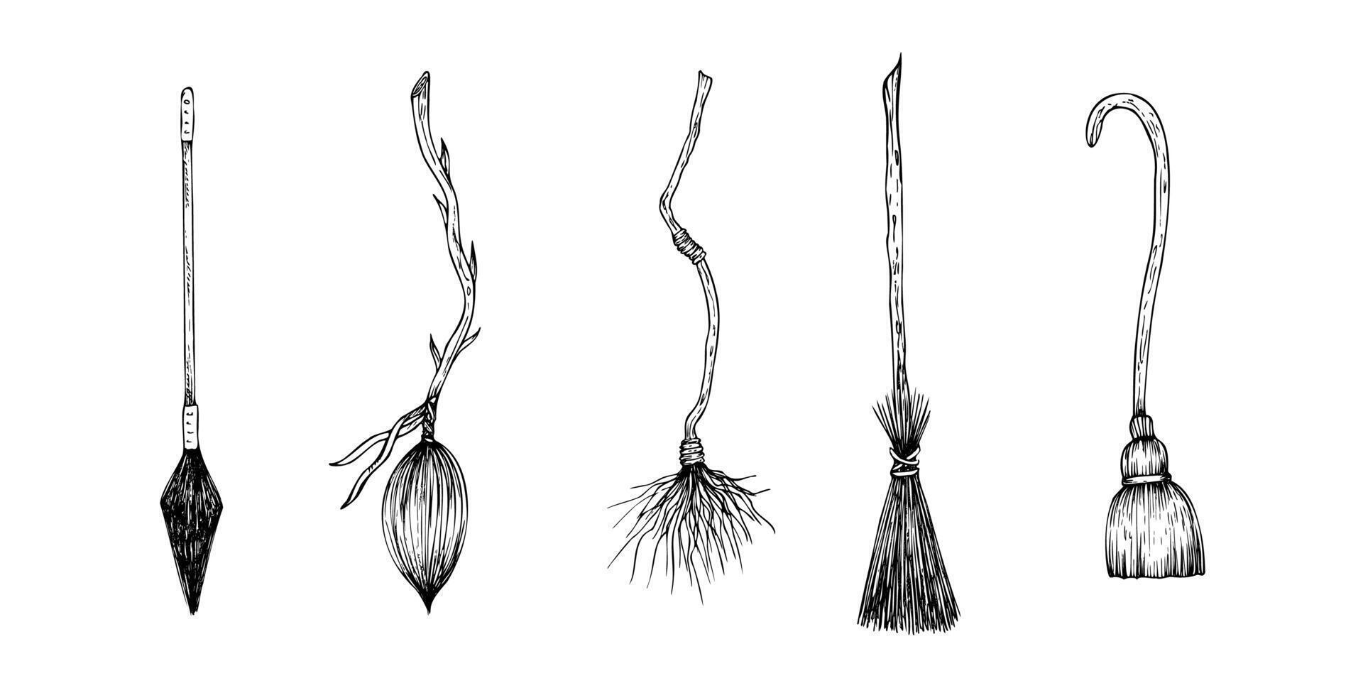 set of flying witch's brooms. Hand painted linear wizard halloween illustration. Graphic monochrome sketch isolated on background. For designers, prints, logo, icon, menu, postcards, holiday vector