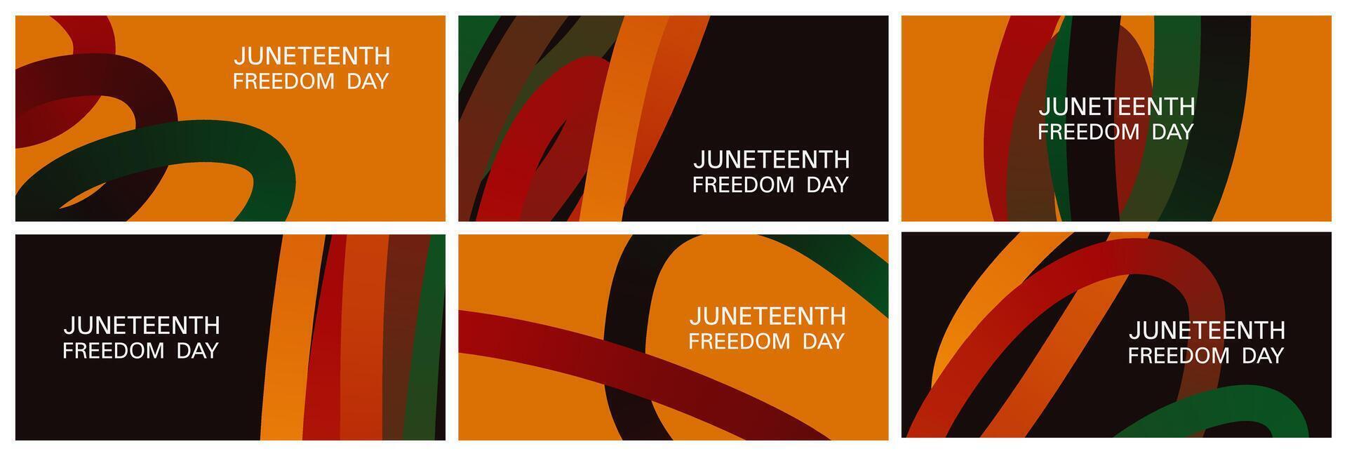 Juneteenth Freedom day, June 19. Horizontal banner templates set with Pan-African flag colors, copy space. Modern trendy abstract design with hand drawn wavy geometric line shapes illustration vector