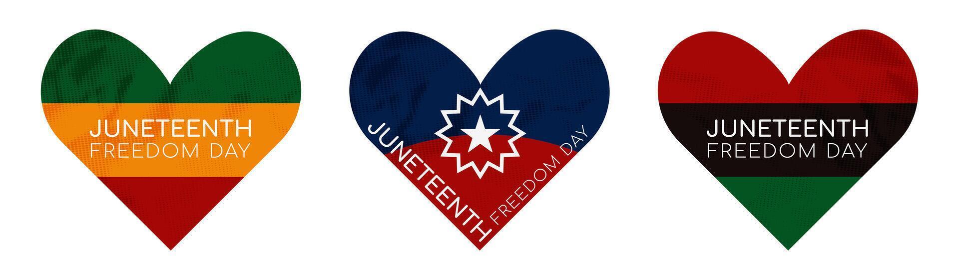 Juneteenth heart shaped flag stickers set with crumpled paper retro texture, for celebrating the end of slavery in the United States, social media clip art. Freedom day, June 19. illustration vector