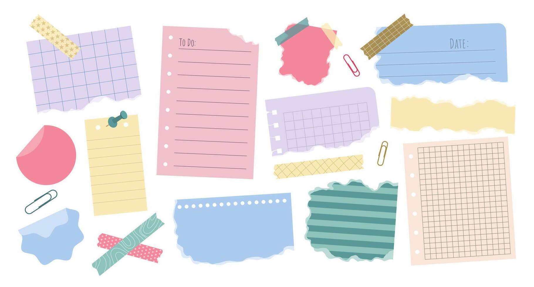 Set of various torn paper notes, stickers, to do list, duct tapes, paper clips. Isolated flat sticky elements, planners, reminders for mood boards, scrapbooking or collages. vector