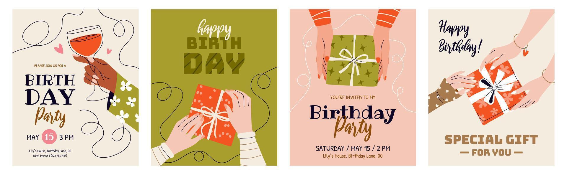 Set of vertical birthday greeting cards and party invitations. Festive postcards for celebrating an anniversary with text and wishes. Female hands holding gift boxes with bows and glass of wine. vector