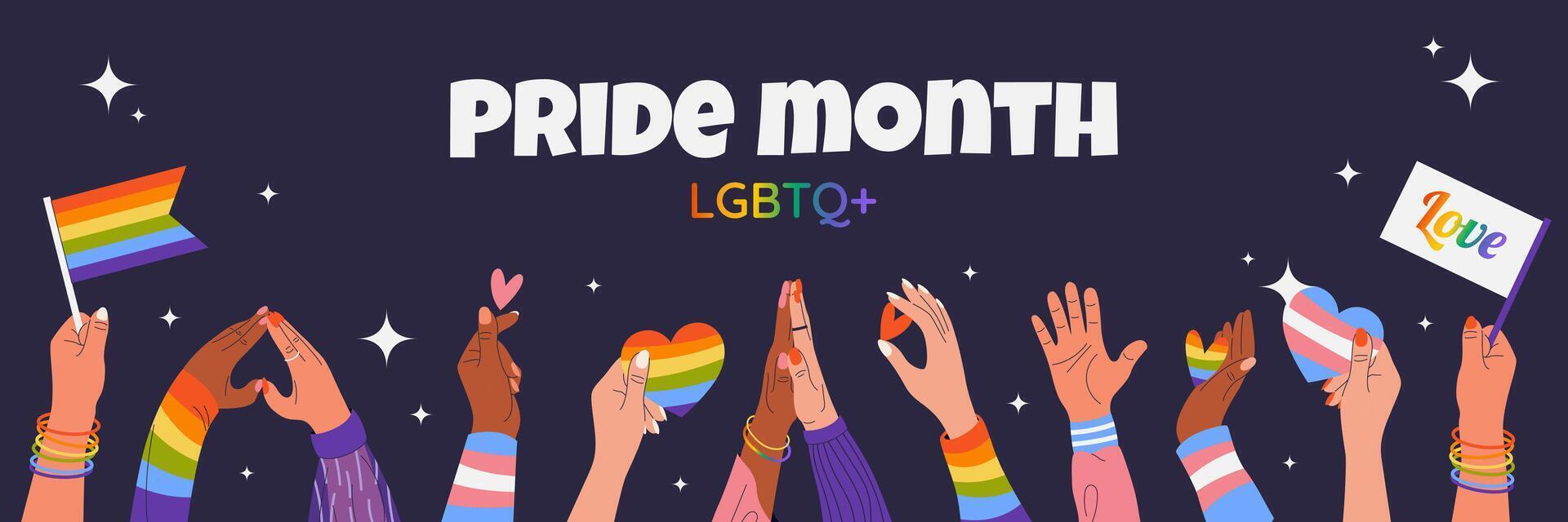 Happy Pride Month. Horizontal template for social media posts, banners, backgrounds, landing pages. LGBTQIA. Hands showing heart signs, holding rainbow flags. Design for festival parades and events. vector