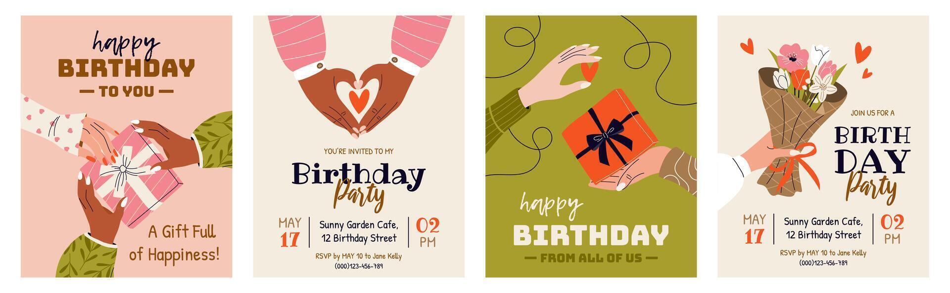 Set of vertical birthday greeting cards and party invitations. Festive postcards for celebrating an anniversary with text and wishes. Female hands holding gift boxes and bouquet of flowers. vector